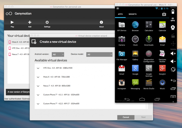 Genymotion — функциональный эмулятор Android для PC и Mac. Фото.